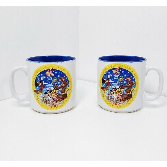 Pair 1990 Disney Fantasia Sorcerer Mickey Pinocchio Christmas Coffee Mug Cup - Picture 1 of 5